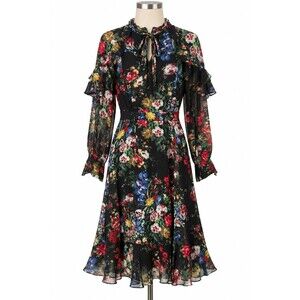 Terri Jon Rickie Freeman 100% Silk Dress Size 4 Floral Ruffle Tie Neck Midi
